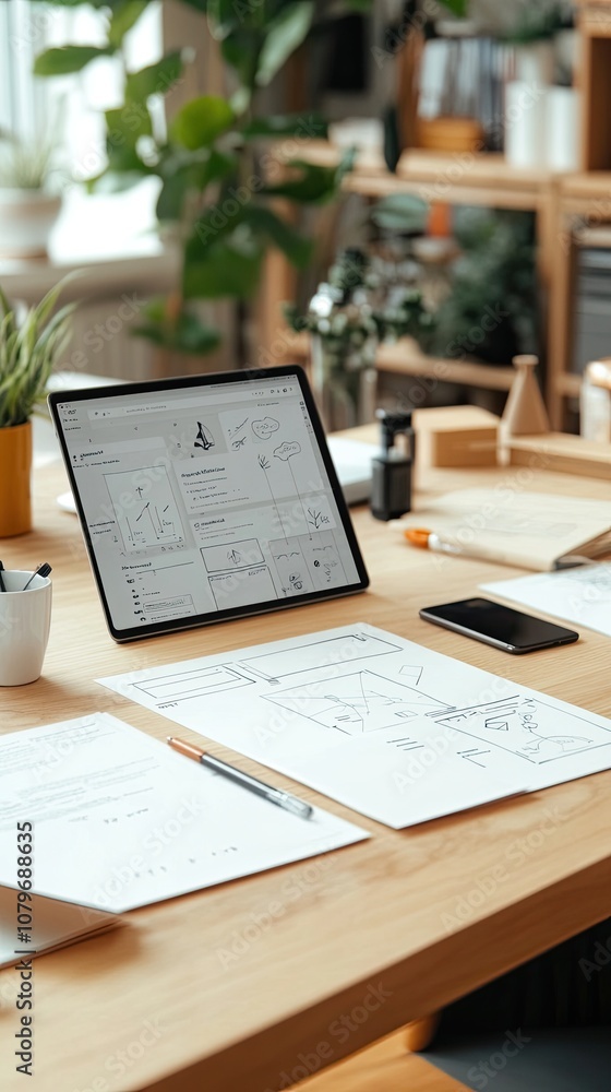 Obraz premium Modern Workspace with Tablet and Sketches on Wooden Desk Surrounded by Green Plants in Bright Office Environment