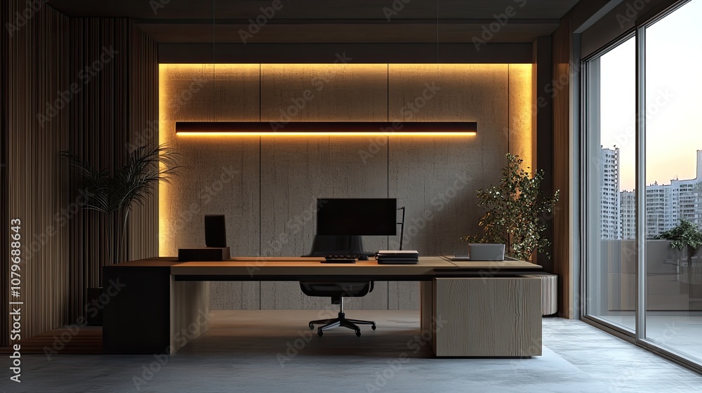 Modern Minimalist Office Interior with Wooden Accents and Large Windows Overlooking Cityscape at Dusk Modern Minimalist Office Interior with Wooden Accents and Large Windows Overlooking Cityscape at Dusk