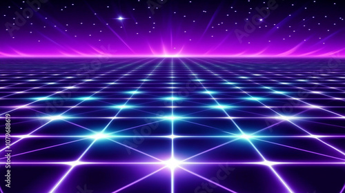 A futuristic grid with glowing lines and light streaks against a dark starry sky.