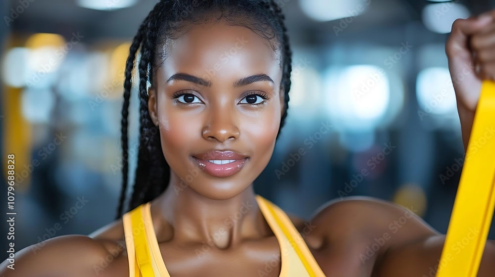 Attractive young female model with braided hairstyle wearing vibrant yellow activewear top showcasing her fit and healthy lifestyle in a natural studio setting Attractive young female model with braided hairstyle wearing vibrant yellow activewear top showcasing her fit and healthy lifestyle in a natural studio setting