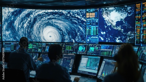 A meteorology team in a control room monitoring hurricane data, with live satellite feeds, computer models, and storm warnings flashing on large screens, showcasing the science of hurricane tracking