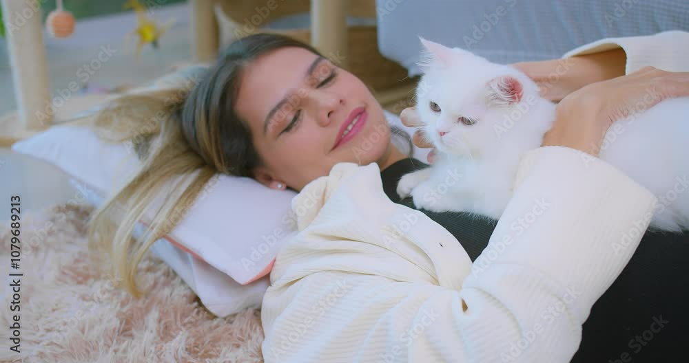 beautiful woman is laying on a bed petting cute little fluffy white cat, owner stroking domestic cat animals at home, Relationship between pets and people. fluffy cat in the arms of his pet owner. beautiful woman is laying on a bed petting cute little fluffy white cat, owner stroking domestic cat animals at home, Relationship between pets and people. fluffy cat in the arms of his pet owner.