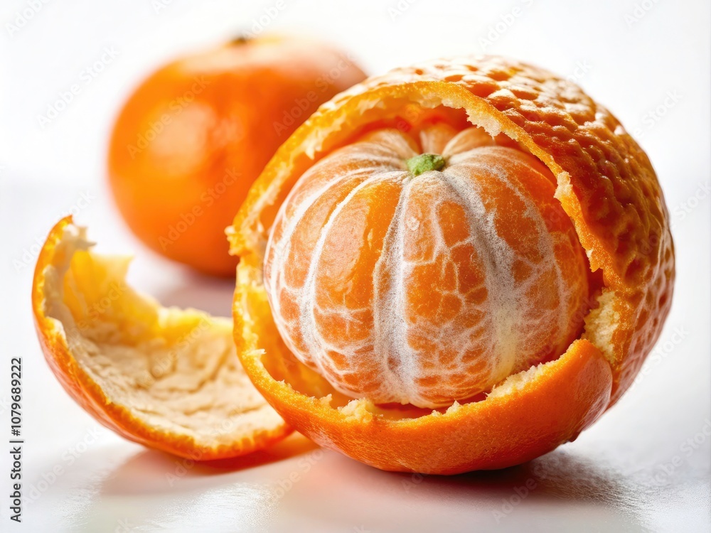 Vibrant Ripe Tangerine Being Peeled on a Clean White Background with Tilt-Shift Focus for a Fresh and Juicy Appeal Vibrant Ripe Tangerine Being Peeled on a Clean White Background with Tilt-Shift Focus for a Fresh and Juicy Appeal