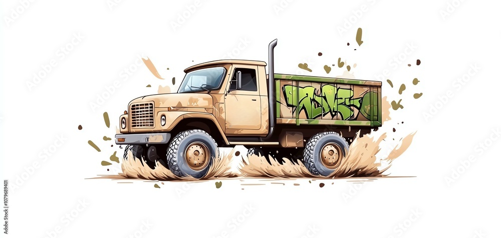 Obraz premium Colorful graffiti truck splashing through mud, isolated on white background.