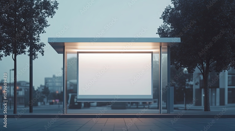 Modern Urban Bus Stop with Blank Billboard in Serene Cityscape at Dusk