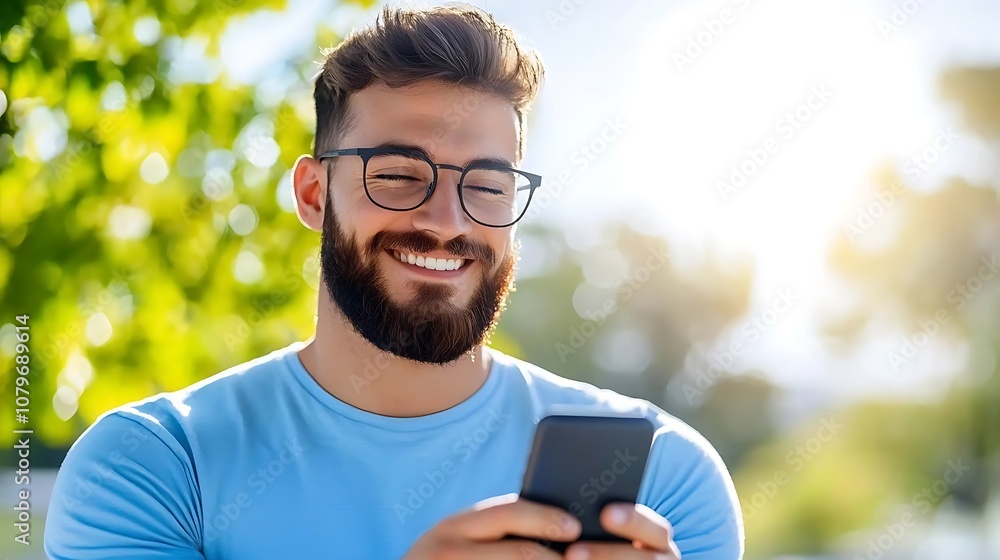 Cheerful Bearded Man Wearing Glasses Enjoying a Sunny Day in a Peaceful Park or Forest Setting Cheerful Bearded Man Wearing Glasses Enjoying a Sunny Day in a Peaceful Park or Forest Setting