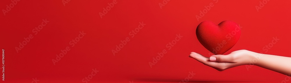 A hand holds a soft red heart against a vibrant red background, symbolizing love and affection. A hand holds a soft red heart against a vibrant red background, symbolizing love and affection.