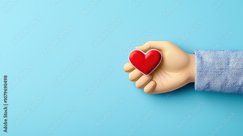 Fototapeta premium A hand holding a red heart shape symbolizing love and affection against a blue background.