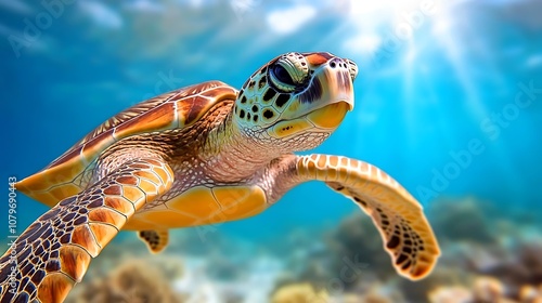 Majestic sea turtle gracefully swimming through a vibrant coral reef ecosystem illuminated by the sun s rays penetrating the crystal clear blue waters photo