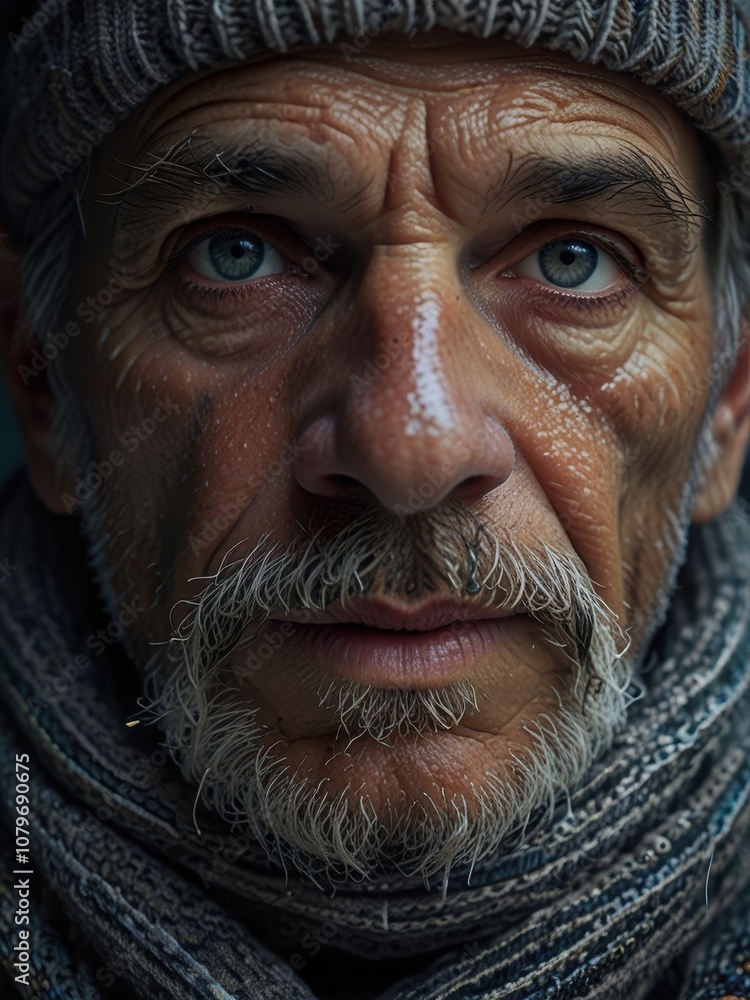 Old Indian Man's Eyes Behind Pastel Neon Wool Scarf in Snowy Old Indian Man's Eyes Behind Pastel Neon Wool Scarf in Snowy