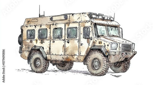 Military vehicle with rough texture, detailed design, ideal for rugged terrain. Isolated on a white background. photo