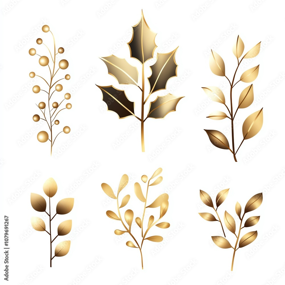Elegant golden botanical illustrations featuring various leaves and branches on a white isolated background.