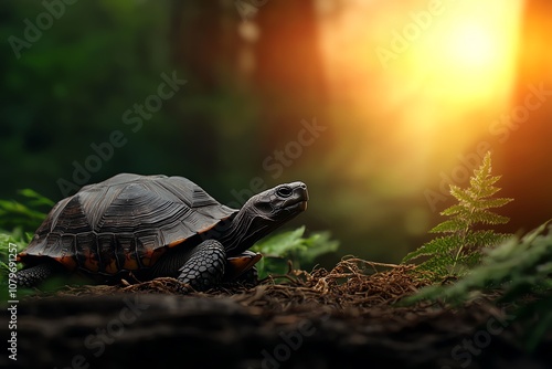 A serene forest scene featuring a tortoise basking in the warm glow of sunlight, surrounded by vibrant greenery.