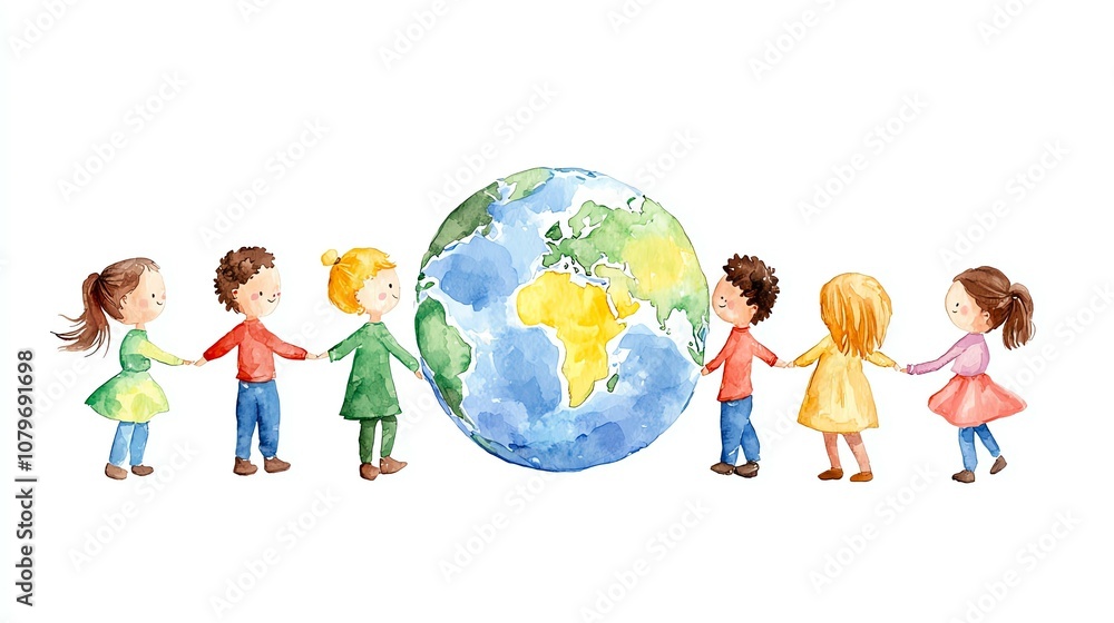 Children holding hands around the Earth, expressing unity and global connection, on a white isolated background. Children holding hands around the Earth, expressing unity and global connection, on a white isolated background.