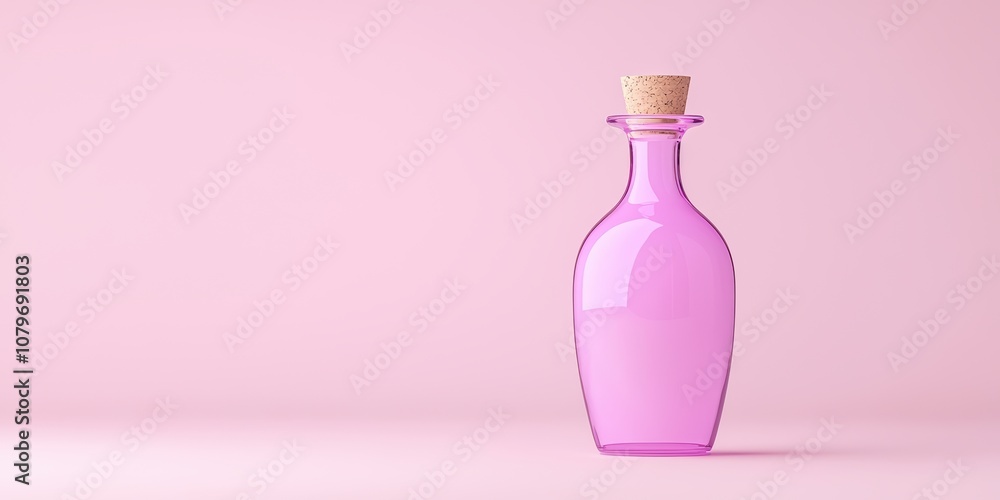 A stylish pink glass bottle with a cork stopper on a soft pink background, perfect for modern design aesthetics. A stylish pink glass bottle with a cork stopper on a soft pink background, perfect for modern design aesthetics.