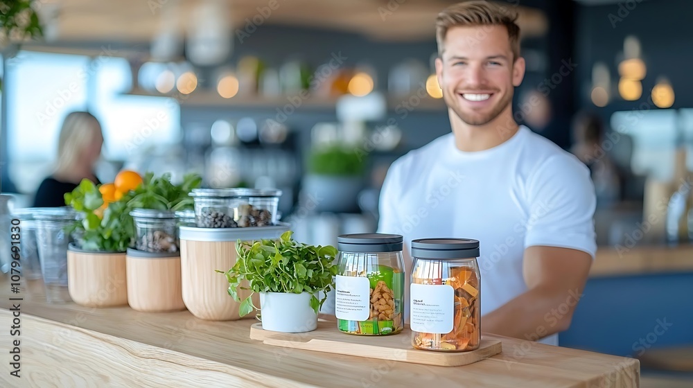 Smiling young man standing behind a counter or display of healthy organic grocery items like fresh produce herbs spices and bottled foods in a supermarket grocery store or cafe setting Smiling young man standing behind a counter or display of healthy organic grocery items like fresh produce herbs spices and bottled foods in a supermarket grocery store or cafe setting