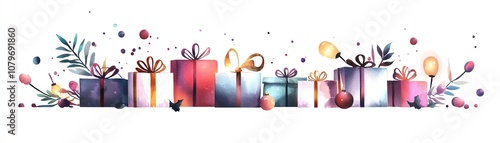 Colorful gift boxes with ribbons and ornaments on a white background, perfect for festive celebrations. photo