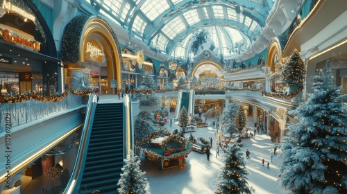 Festively decorated shopping mall with Christmas trees and lights