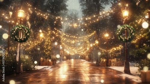 Wallpaper Mural Decorated winter path with string lights and wreaths, festive ambiance Torontodigital.ca