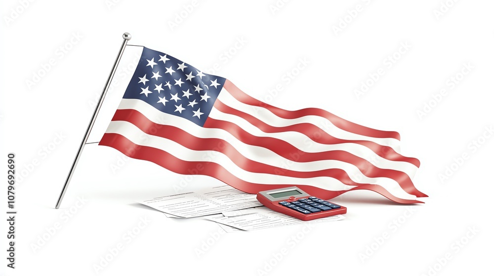 An American flag draped over papers and a calculator on a white background, symbolizing patriotism and finance. An American flag draped over papers and a calculator on a white background, symbolizing patriotism and finance.