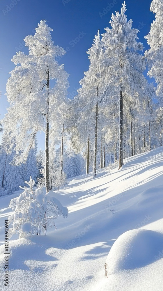 Obraz premium A serene winter landscape featuring snow-covered trees and a clear blue sky.