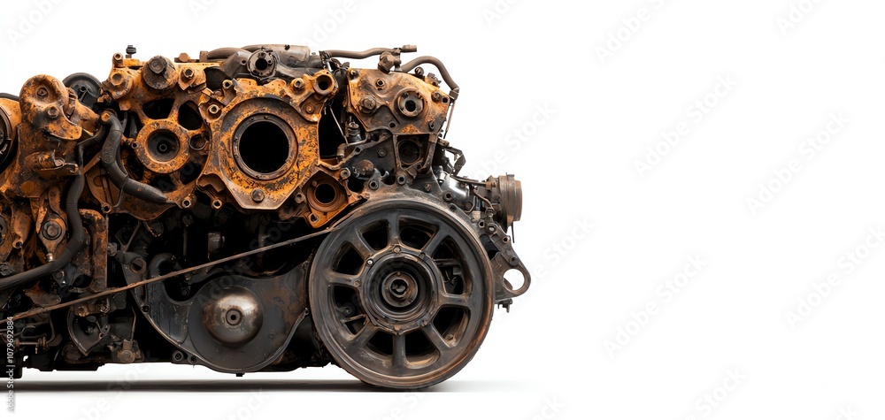 Fototapeta premium Rusty engine components on a white isolated background, showcasing intricate design and industrial textures.