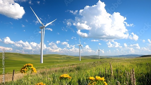 Tall wind turbines generating clean renewable electricity standing in a picturesque rural countryside landscape of rolling hills grassy fields and blue sky with fluffy white clouds photo