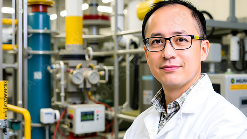 A portrait of a nuclear engineer, possibly with nuclear power plant facilities or radiation monitoring equipment in the background, representing expertise in nuclear energy and radiation technology. photo