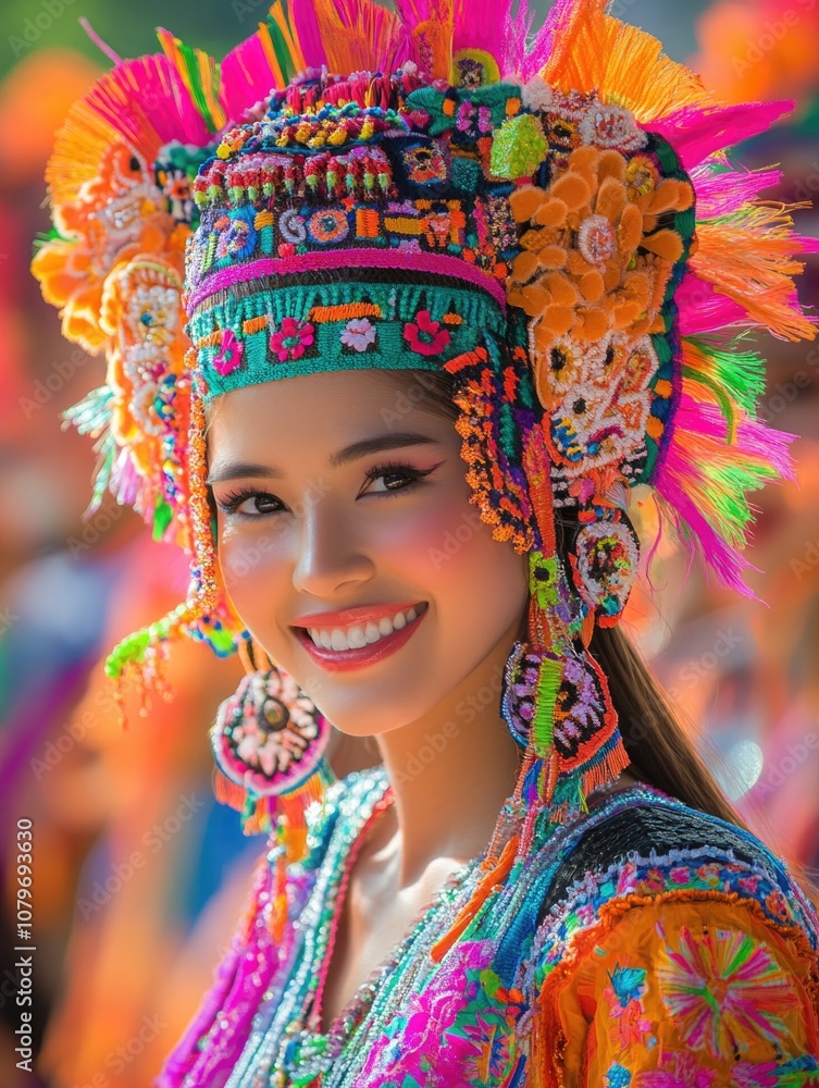 Radiant Woman in Traditional Hmong Attire with Vibrant Headpiece Radiant Woman in Traditional Hmong Attire with Vibrant Headpiece