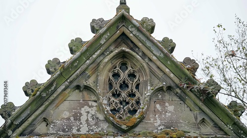 Stone Gable with Ornate Window and Decorative Elements photo