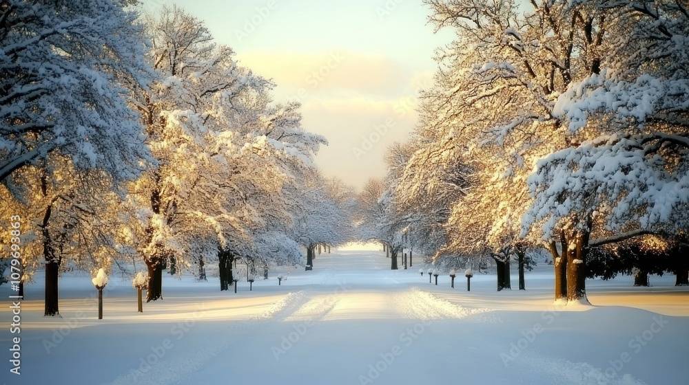 A serene winter landscape with snow-covered trees lining a quiet, snowy path. A serene winter landscape with snow-covered trees lining a quiet, snowy path.