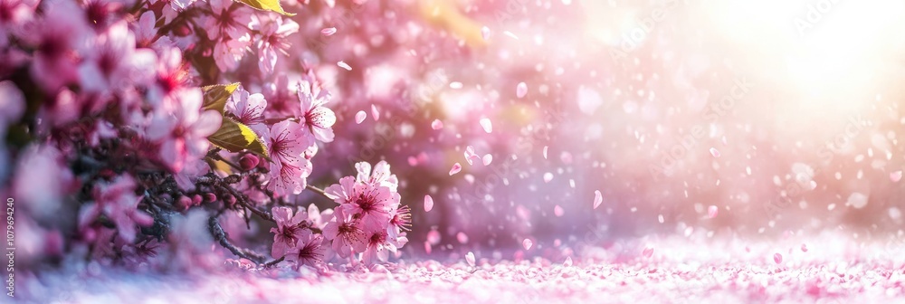A serene scene of blooming cherry blossoms with petals gently falling in soft light. A serene scene of blooming cherry blossoms with petals gently falling in soft light.