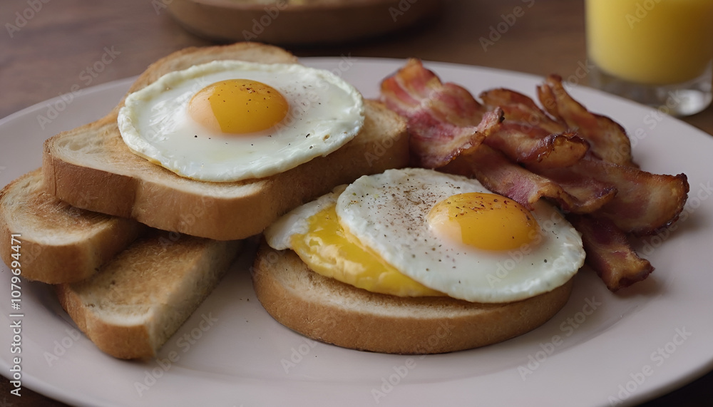 breakfast with 2 fried eggs, bacon, and toast breakfast with 2 fried eggs, bacon, and toast