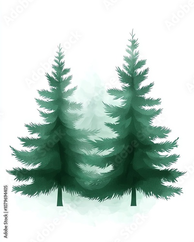 Two vibrant green pine trees with a soft misty background, creating a serene natural scene.