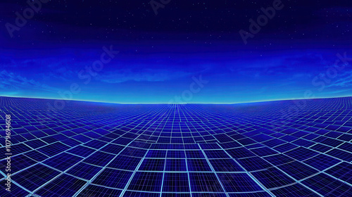 vast field of solar panels under stunning blue sky, showcasing renewable energy technology. grid pattern creates mesmerizing visual effect, emphasizing sustainability photo