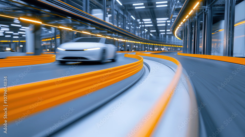futuristic industrial plant featuring sleek, modern vehicle navigating curved track. dynamic motion and vibrant lighting create energetic atmosphere futuristic industrial plant featuring sleek, modern vehicle navigating curved track. dynamic motion and vibrant lighting create energetic atmosphere