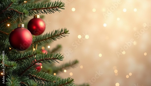 Christmas tree branch decorated with red ornaments and twinkling lights, creating a cozy festive atmosphere.