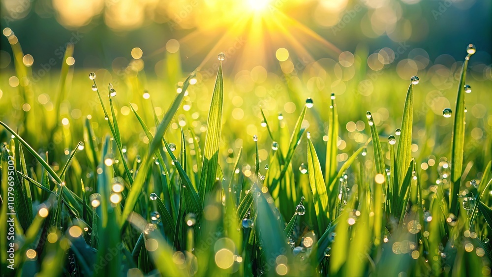 Fototapeta premium Close-up of Dew Drops on Lush Green Grass Blades Illuminated by a Bright Morning Sun