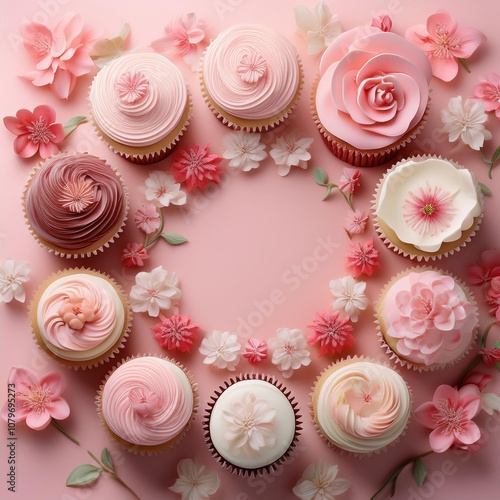 Circle of pink and white macarons decorated with flowers on a pink background, creating a delicate and sweet scene.