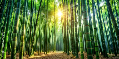 Wallpaper Mural A serene and ethereal vista of a dense bamboo forest, where sunlight filters through the tall, verdant stalks, casting a mystical glow on the pathway leading deeper into the green labyrinth. Torontodigital.ca