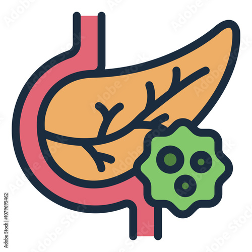 Pancreas with cancer cell for Pancreatic Cancer filled line icon