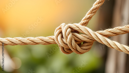 Different ropes are woven into a knot. Teamwork concept. Background with selective focus and copy space