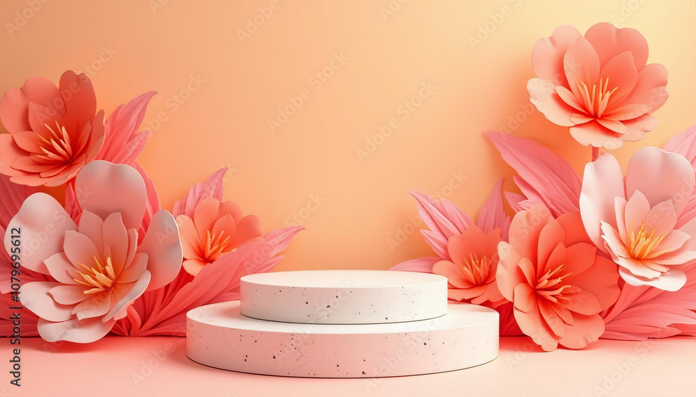 Simple white and pink podium with large paper flowers against a coral background, perfect for product display. Simple white and pink podium with large paper flowers against a coral background, perfect for product display.