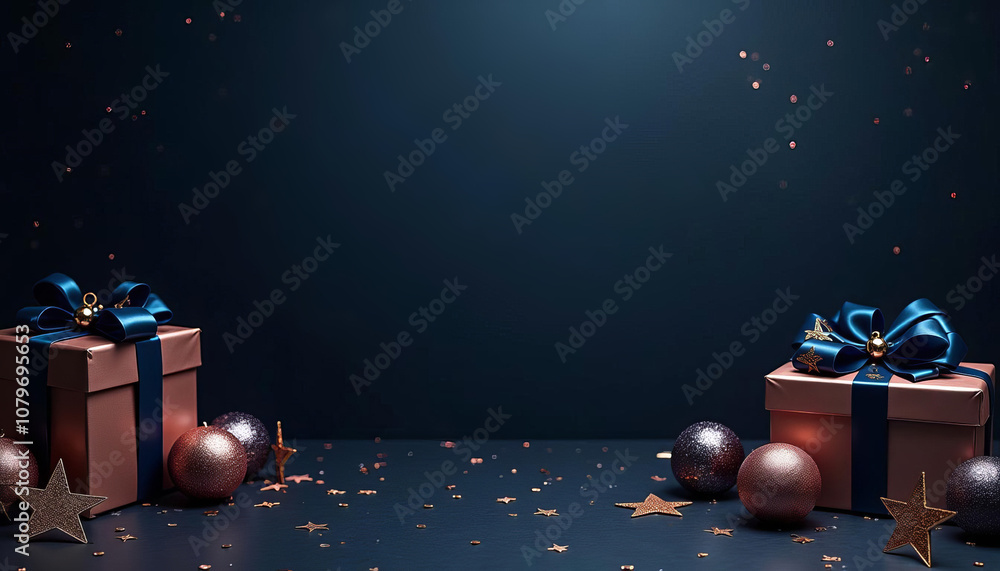 Elegant backdrop with gifts and metallic ornaments against a dark background, ideal for holiday decor. Elegant backdrop with gifts and metallic ornaments against a dark background, ideal for holiday decor.