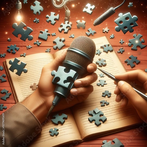 Poetic Puzzle A poet holding a puzzle piece shaped microphone wi photo