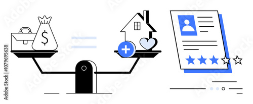Scales balance money bag and briefcase with house and heart user profile with star ratings. Ideal for finance, real estate, health, balance, assessments, evaluations, life choices. Line metaphor