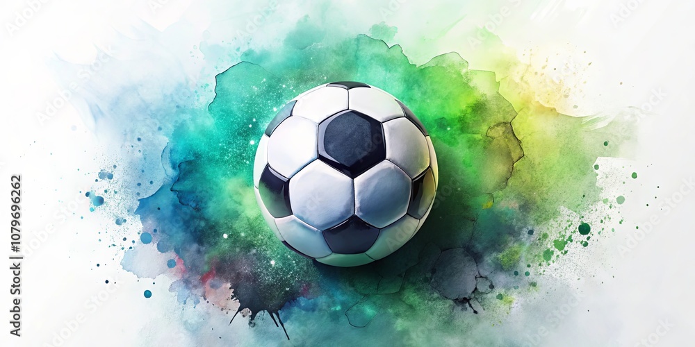 Fototapeta premium A Classic Leather Soccer Ball Rests on a Watercolor Background of Vibrant Greens, Blues, and Yellows