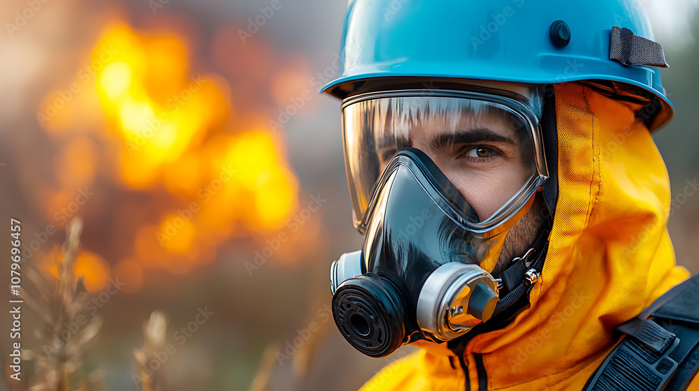 Firefighter in action close-up view of helmet with reflections amidst flames Firefighter in action close-up view of helmet with reflections amidst flames