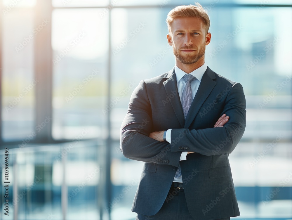 A confident businessman stands with arms crossed in a modern office setting. A confident businessman stands with arms crossed in a modern office setting.