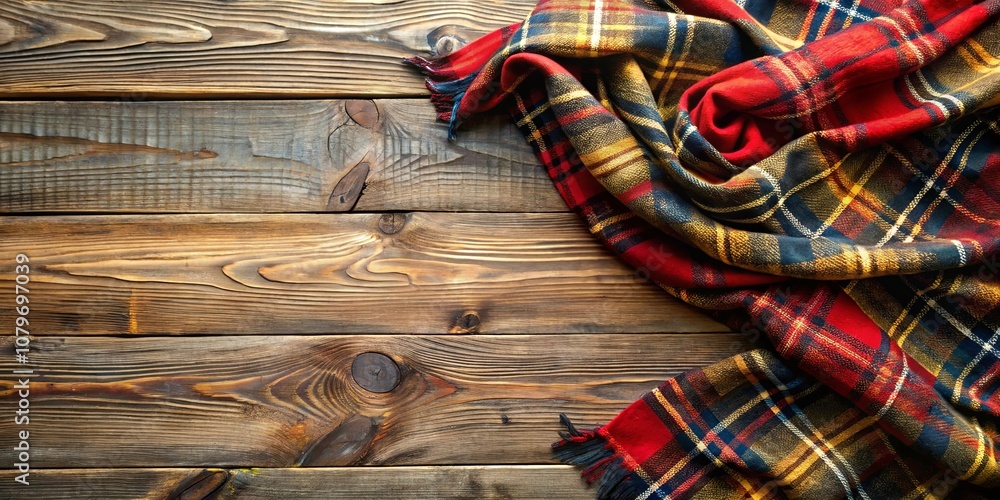 A rustic wooden surface with a plaid fabric draped over the corner, creating a cozy and inviting atmosphere. A rustic wooden surface with a plaid fabric draped over the corner, creating a cozy and inviting atmosphere.